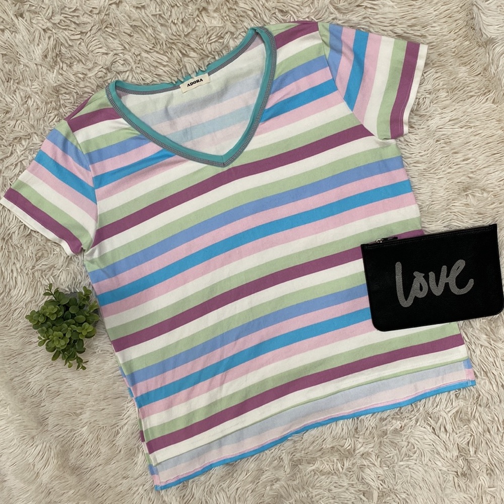 Adora Striped V-Neck Top 💗 Aqua Mint Purple Pink & Cream